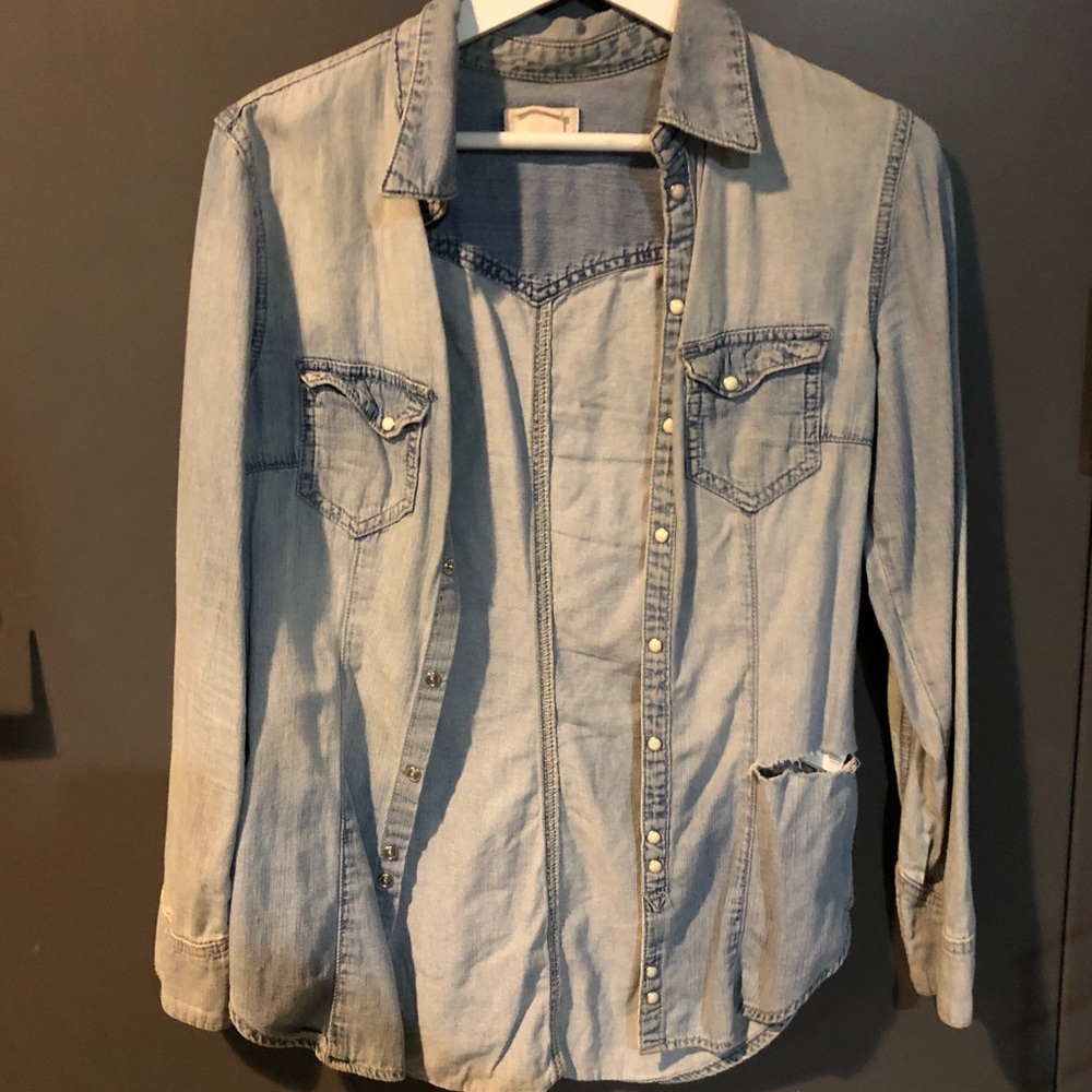 Chambray denim distressed shirt